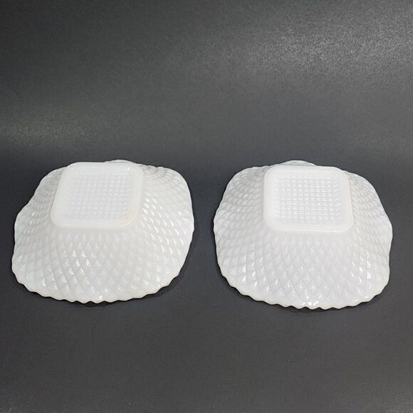 2 Vintage 6" Sq. Hazel Atlas Ruffled Edge Milk Glass Candy Dish Diamond Point - Picture 3 of 10